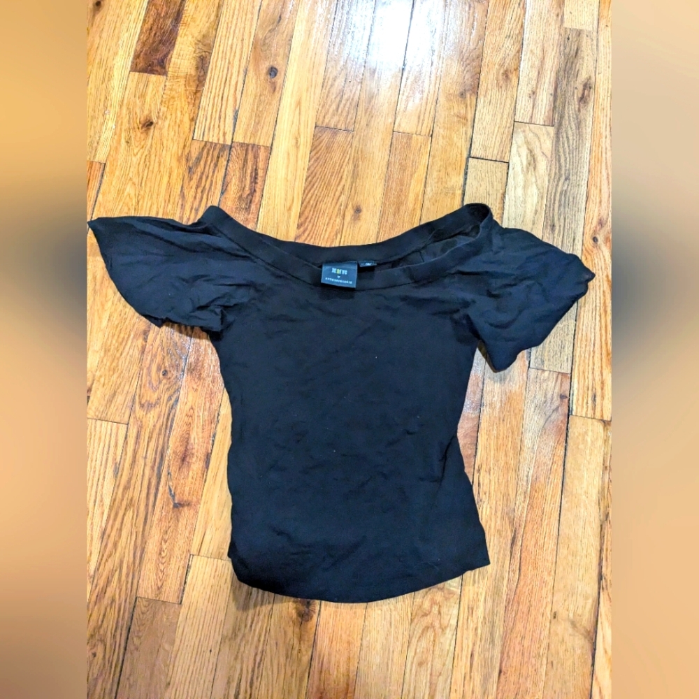 XXS Maeve by Anthropologie black off the shoulder flutter sleeve top